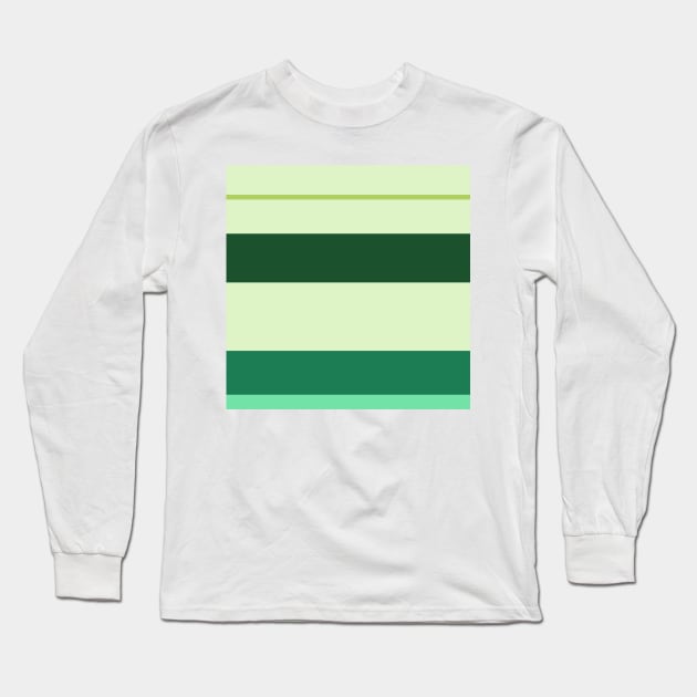 A neat adaptation of Dark Sea Green, Seafoam Blue, Very Light Green, Pine and June Bud stripes. Long Sleeve T-Shirt by Sociable Stripes